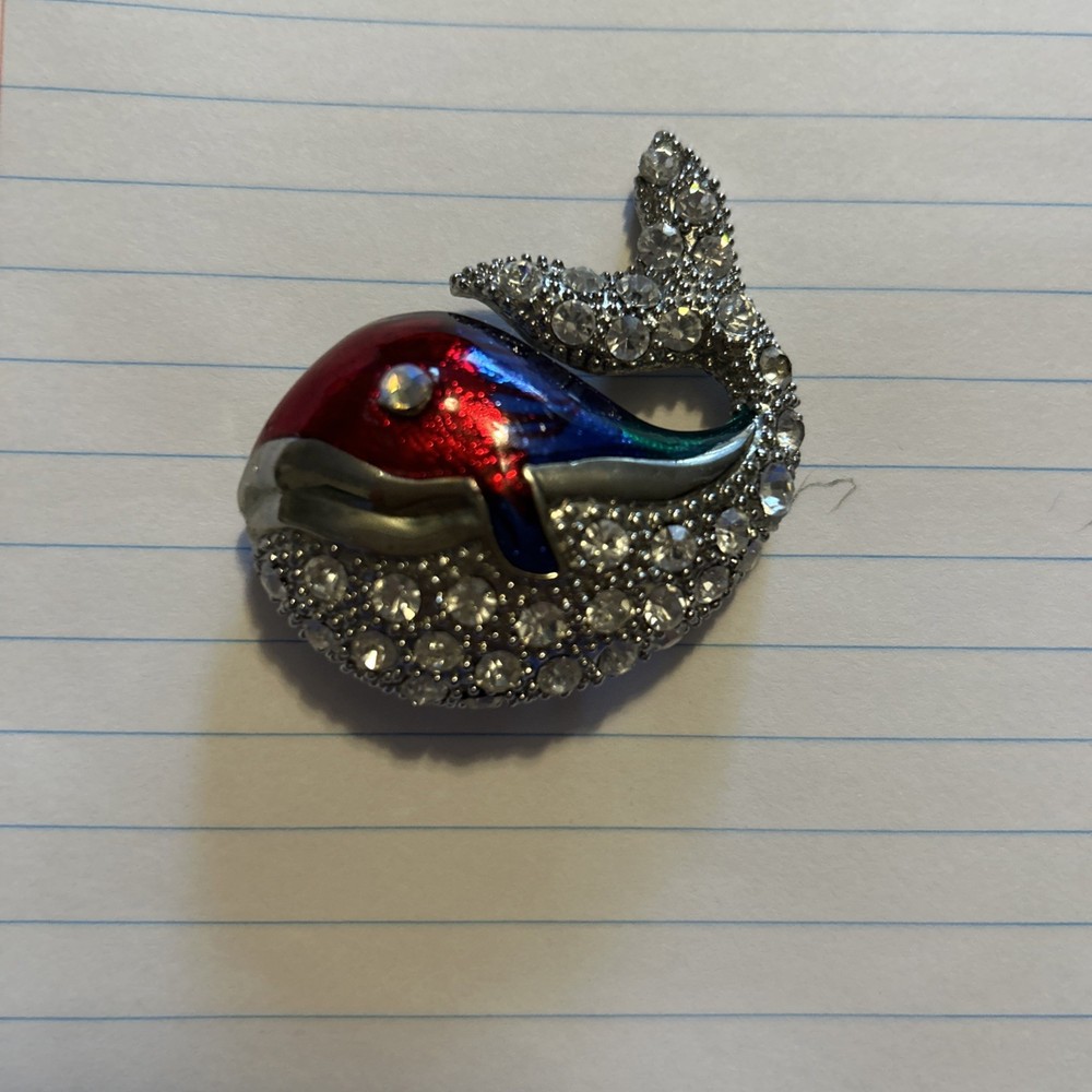 Enamel And Rhinestone Whale Brooch Pin Fashion Jewelry. 2”x2”