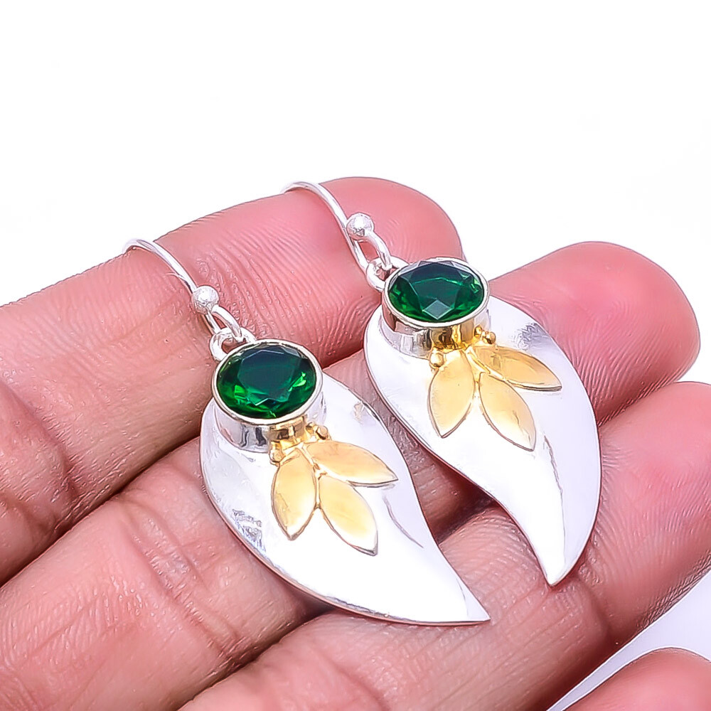 Emerald (Simulated) 925 Sterling Silver Jewelry Two Tone Leaf Earring 1.95