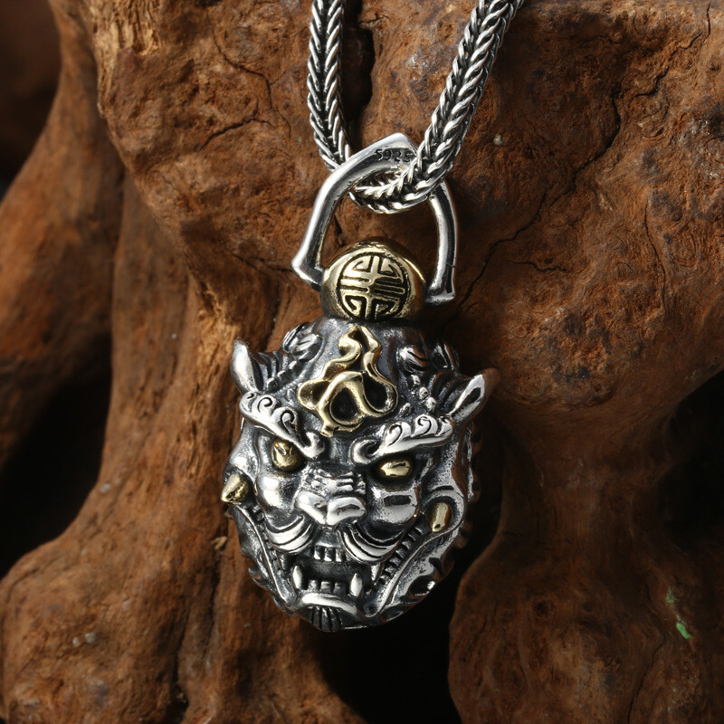 S925 Silver ONI DEMON MASK Bell Pendant Fu Shou Good Fortune Gothic Heavy 24g