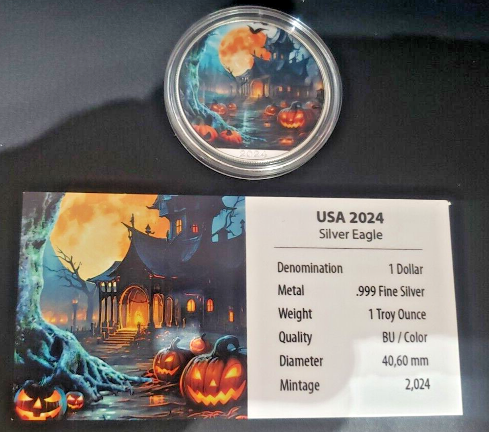 2024 U.S. Silver Eagle Halloween Scary House Pumpkins 1 OZ Fine Silver Colored