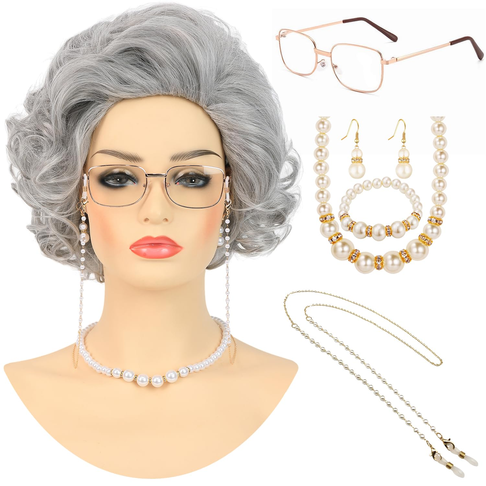 Old Lady Wig Costume Set for Women Short Curly Grandma Wig and Glasses Silver...