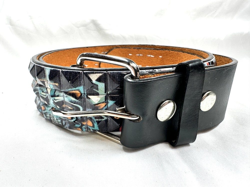 Colorful Skulls Graffiti Tattoo Leather Belt with Studded Metal Buckle Unisex