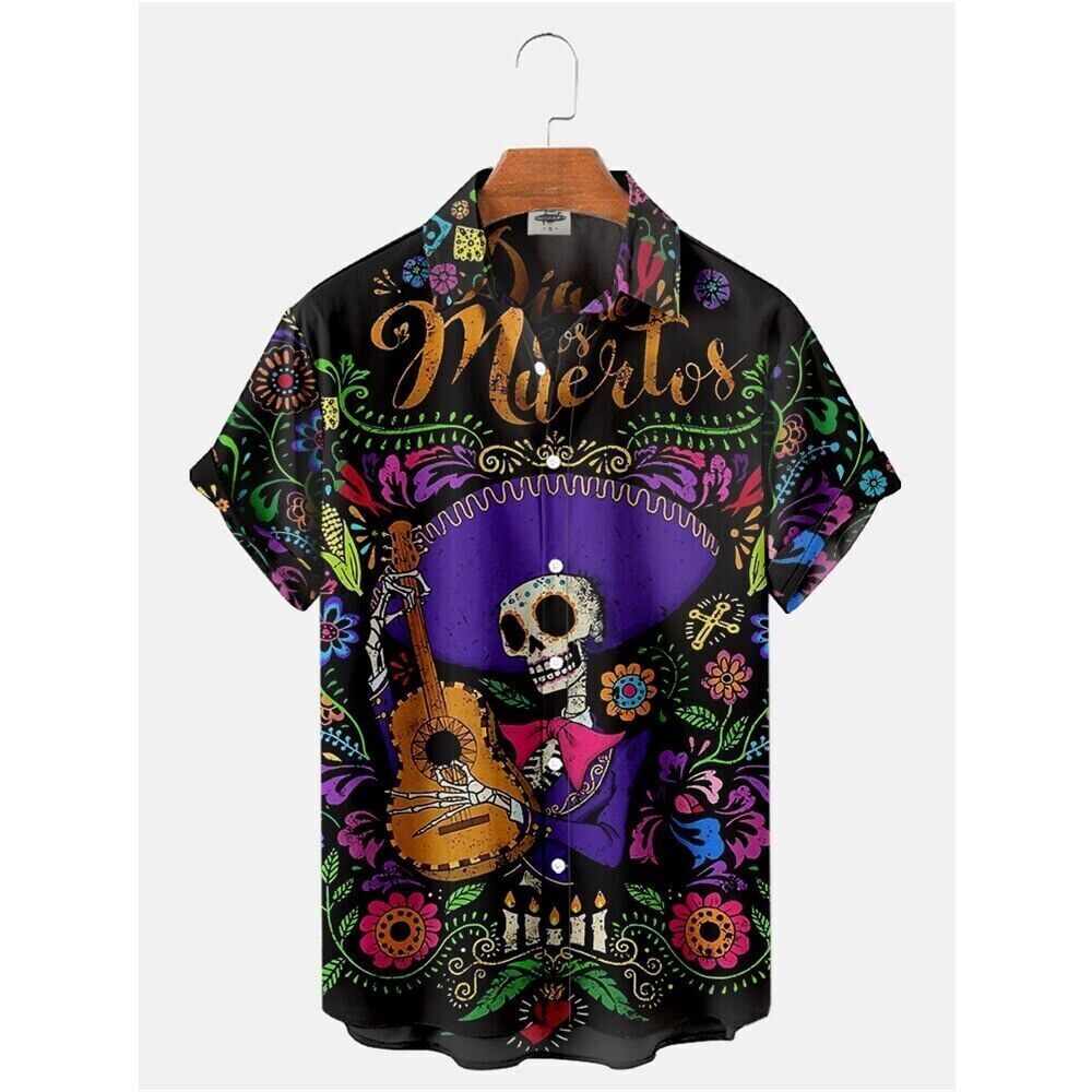 Guitar Skull Mexican Day of the Dead Hawaiian 3D Printed Unisex Button Up Shirt