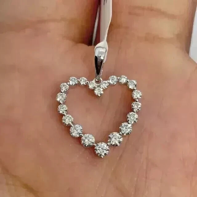 1.50 Ct Round Cut Moissanite Open Heart Pendant Necklace 14k White Gold Plated
