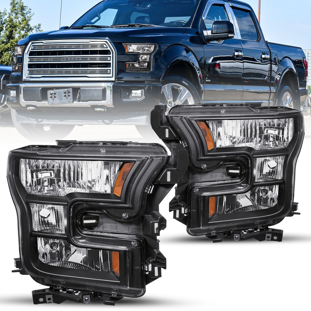 FOR 2015 16 17 Ford F150 Pickup Truck Black Headlights Headlamps Set Left+Right