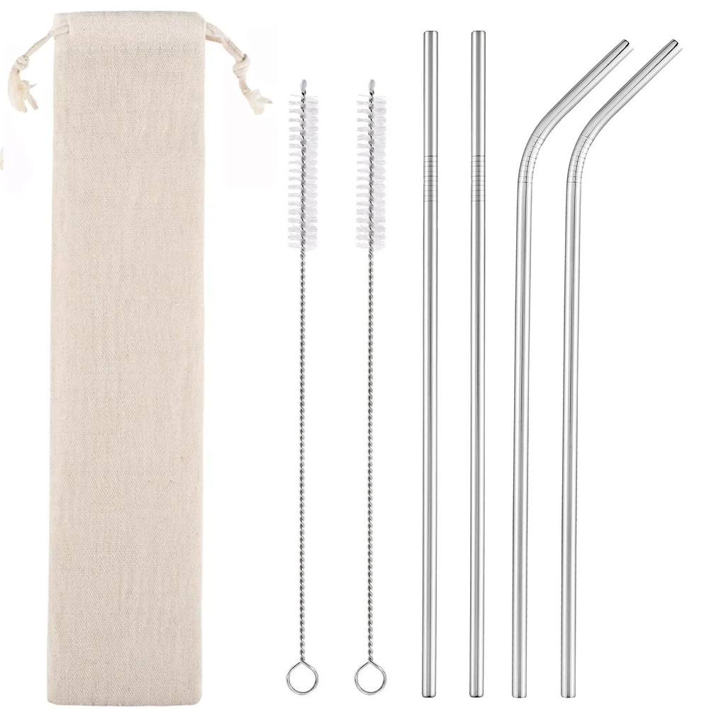 Set of 4 Reusable Metal Straws, Long Stainless Steel Straw with Cleaning Brushes