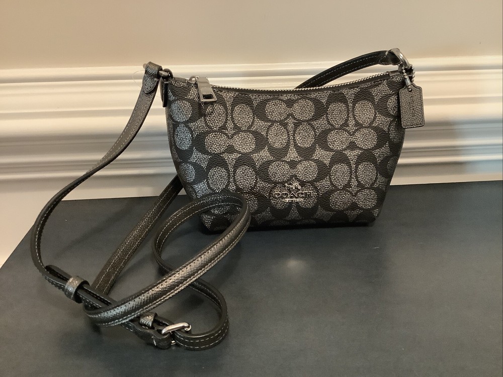 NWT COACH CW338 Gunmetal Multi Signature Canvas & Leather Zip Top Crossbody Bag