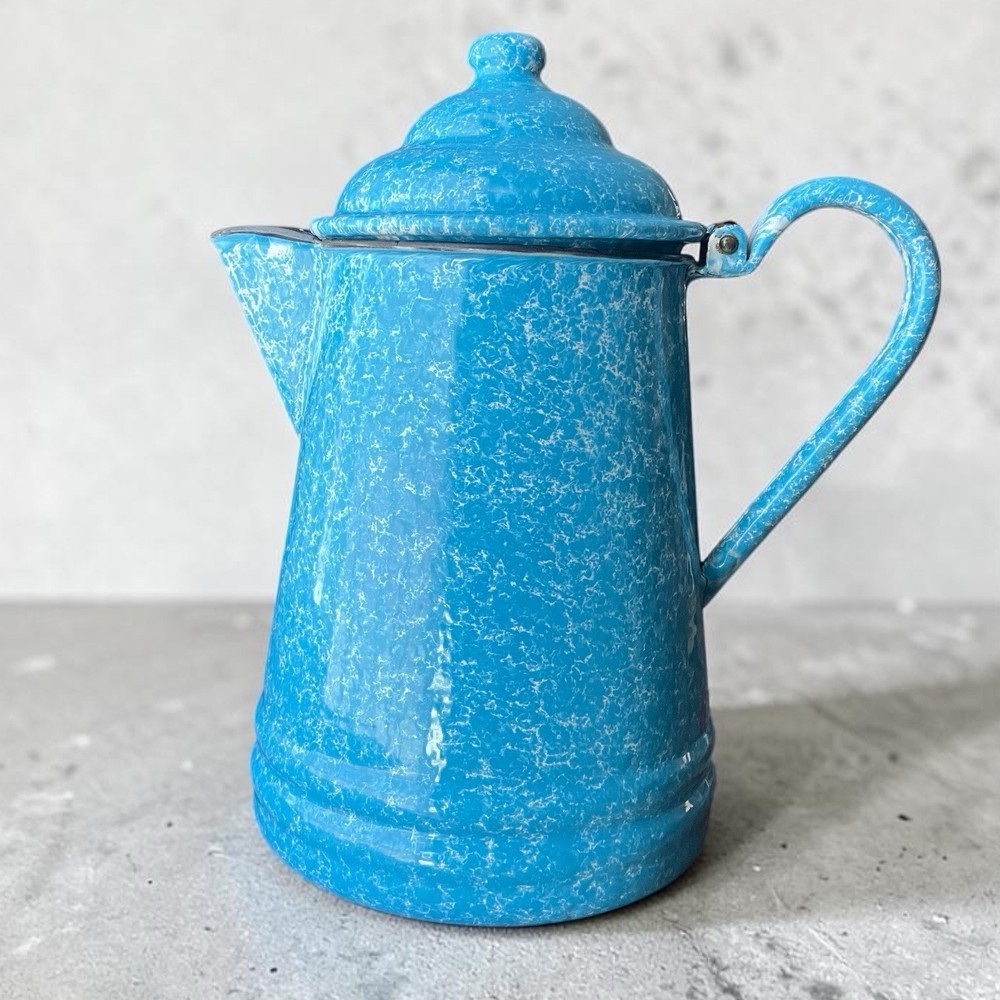Vintage Enamelware Coffee Pot Blue Graniteware Speckled Lid Rustic Farmhouse