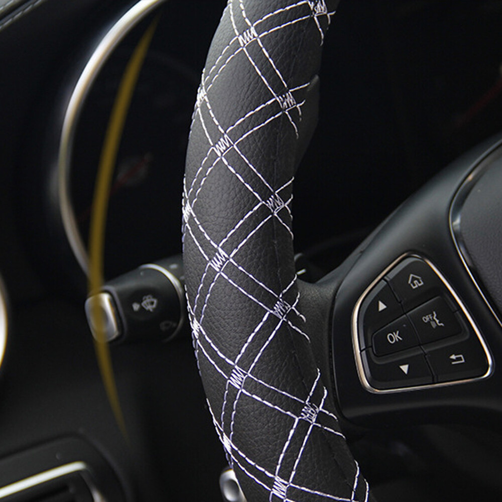 15-inch Black Faux Leather Steering Wheel Cover for Car Protection