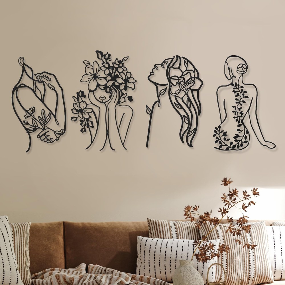 4-Piece Black Minimalist Metal Line Art Wall Decor Set