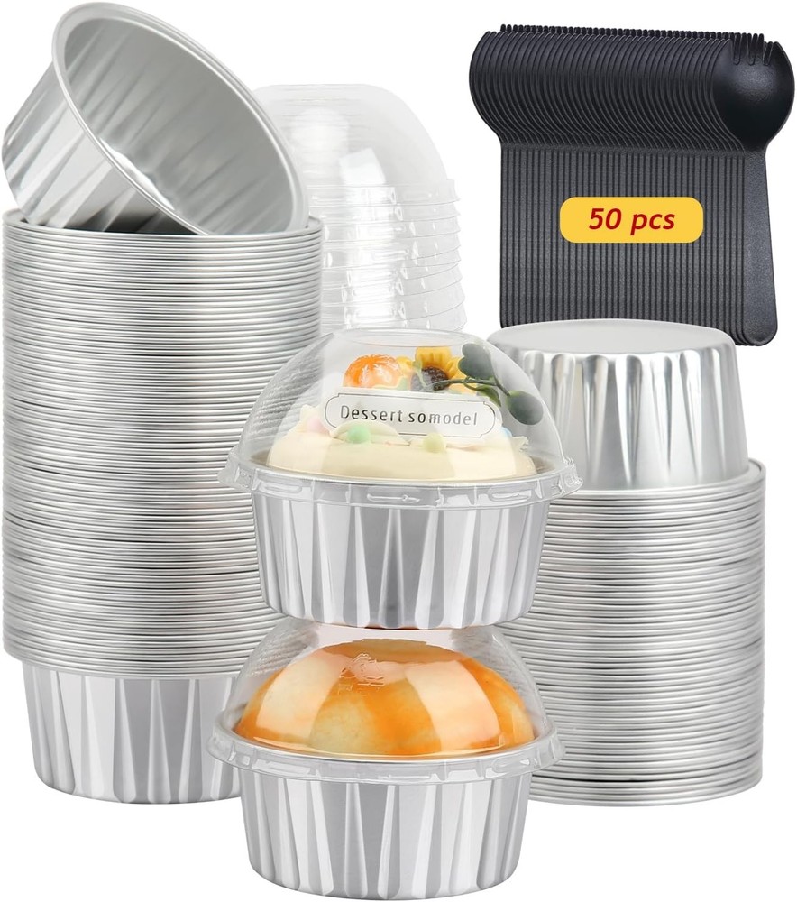 Cupcake Liners with Dome Lids 50 Pack,Free-Air 5oz Aluminum Foil 5 oz, Silver