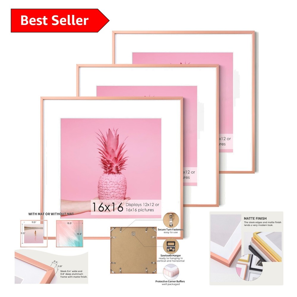 Rose Gold Metal Picture Frame 16x16 with 12x12 Mat - Set of 3 Elegant Displays