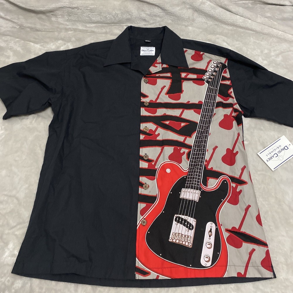 Mens David Carey Black Red Guitar Short Sleeve Button Up Camp Shirt Large Casual