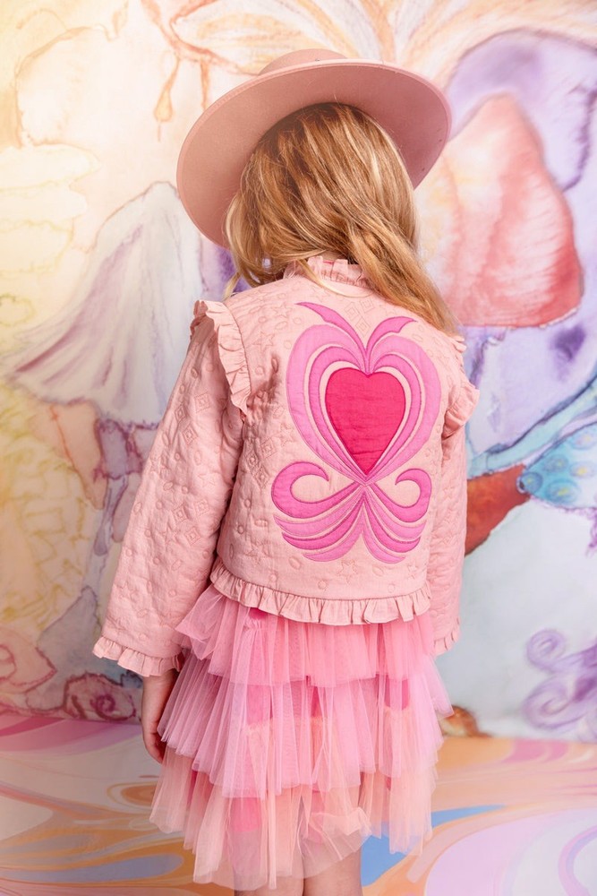 Tutu Du Monde Girls Pink Quilted Ruffle Embroidered heart space Jacket NWT