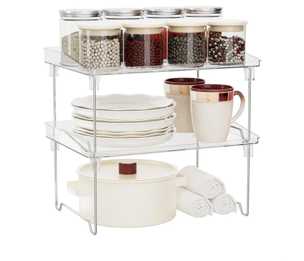 Set of 2 Counter Shelves Kitchen Stackable Cabinet Shelf Organizer Expandable