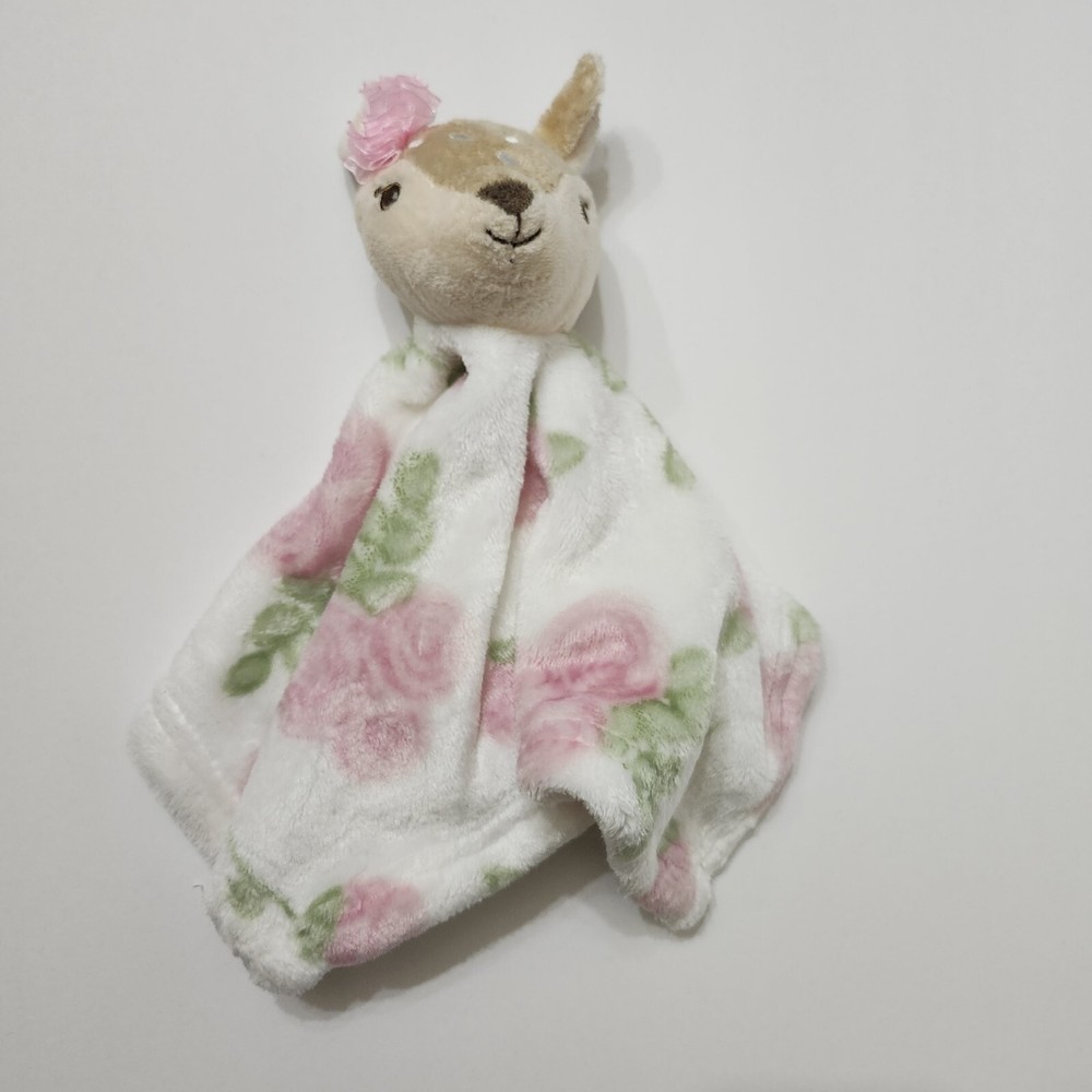 HB Hudson Baby FAWN Deer SECURITY BLANKET White Pink Roses Soft Plush LOVEY