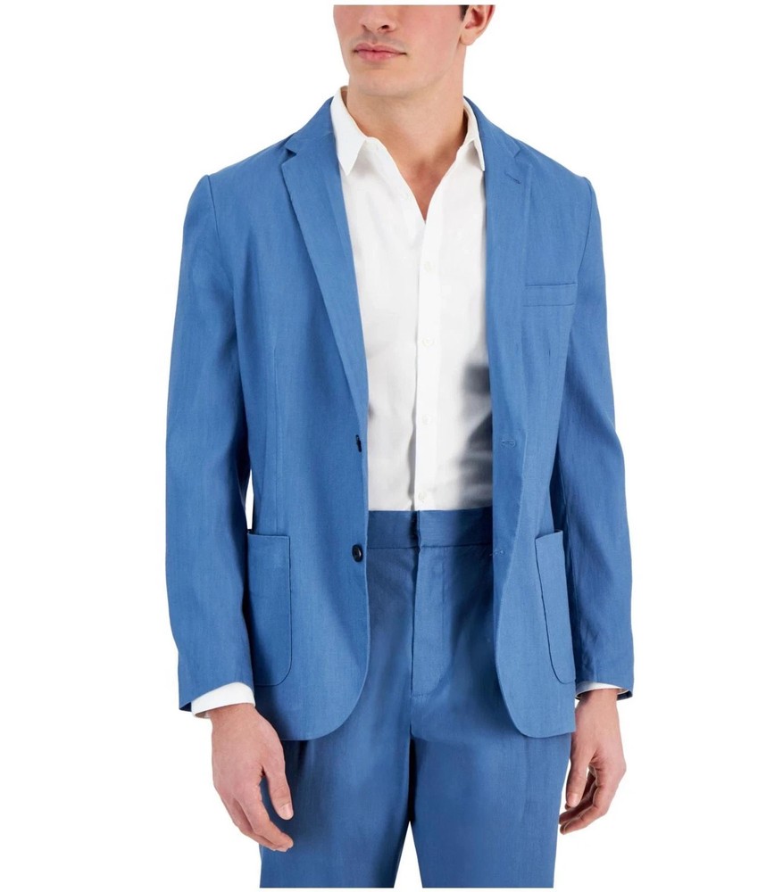 Alfani Mens Linen Blend Stretch Two Button Blazer Jacket Blue  S