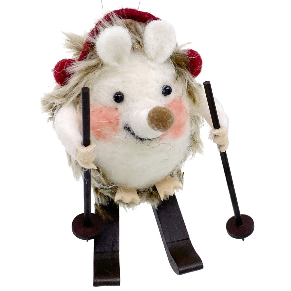 Skiing Hedgehog Ornament - Wool Hedgehog with Skis Christmas Holiday Decoration