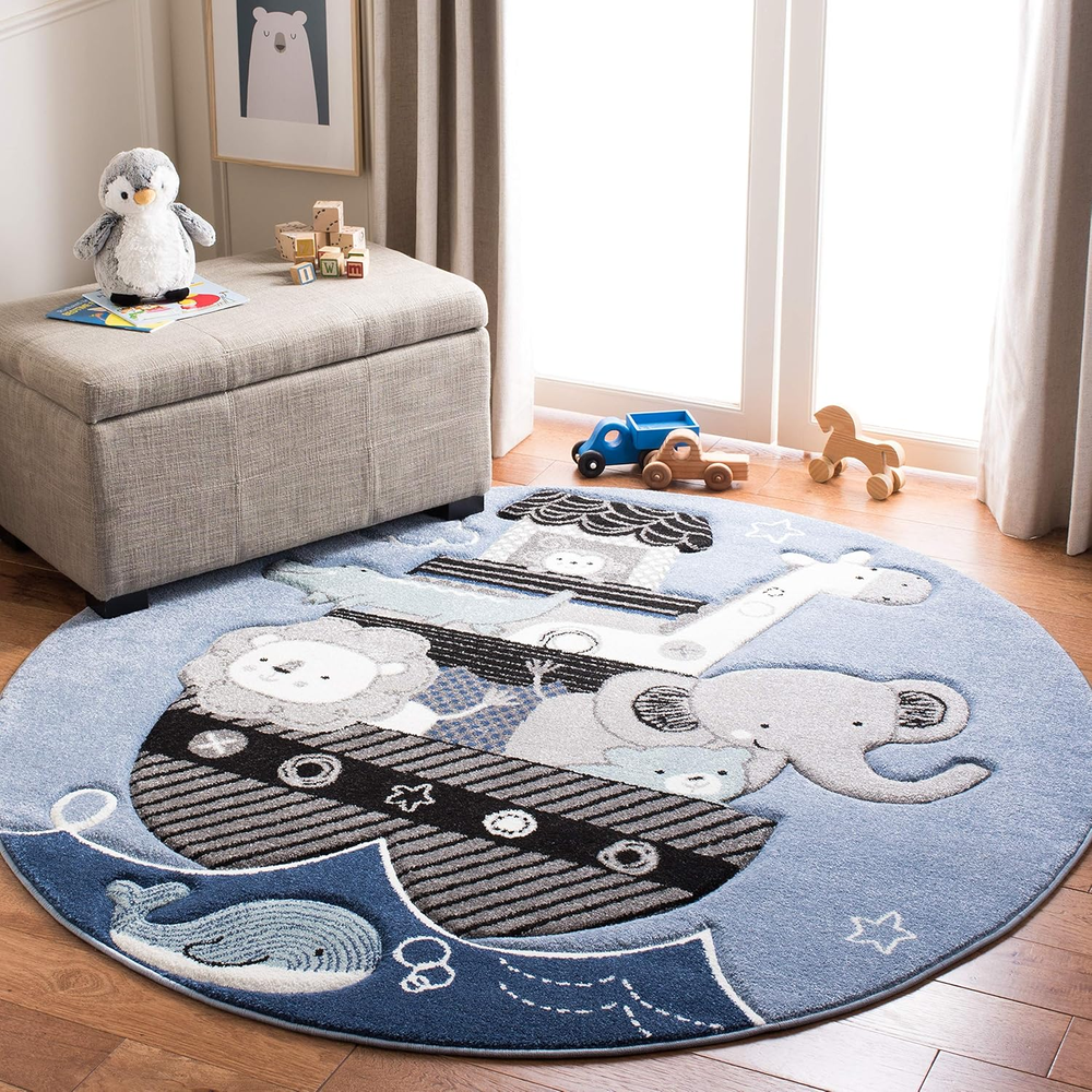 Blue/Grey 4ft Round Animal Carousel Kids Rug for Nursery & Playroom CRK121B