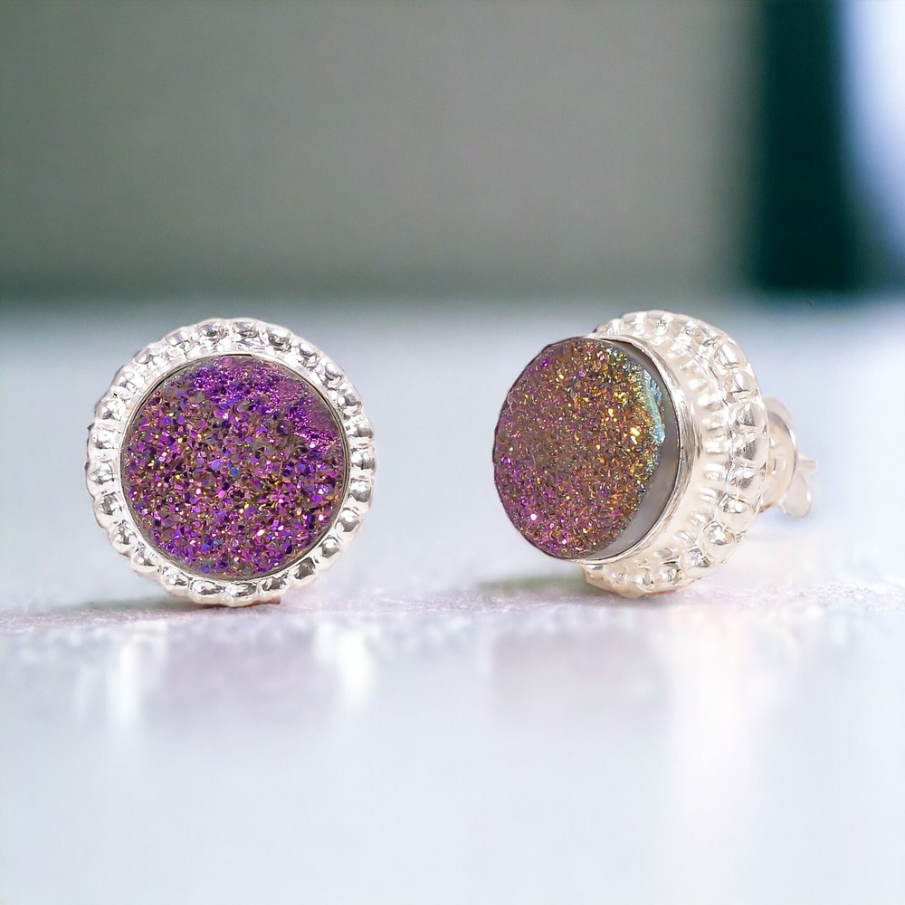 Wedding Gift For Her 925 Silver Natural Titanium Druzy Gemstone Stud Earrings