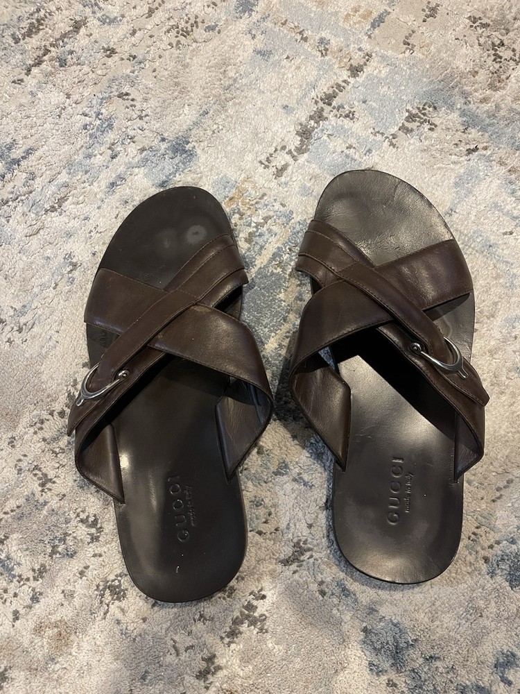Gucci Brown Leather Slides, Cross-band and D Hardware . Size 9 Men’s