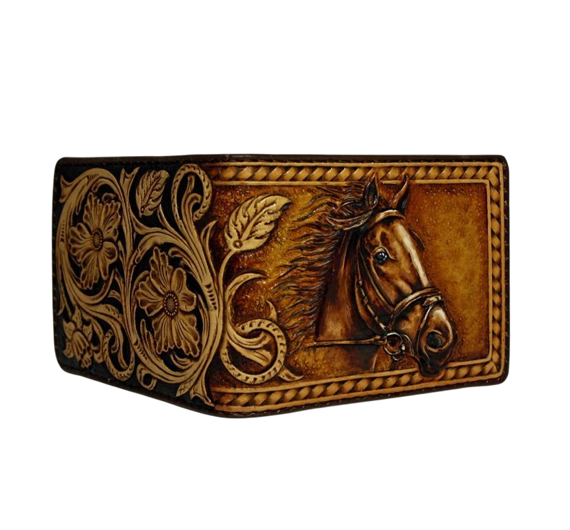 Horse Wallet, Mustang, Western, Sheridan Style Patterns Leather Carved Wallet