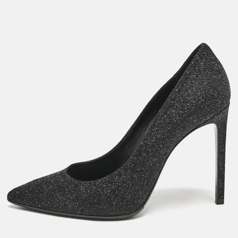 Saint Laurent Black Glitter Textured Leather Pointed Toe Pumps Size 38
