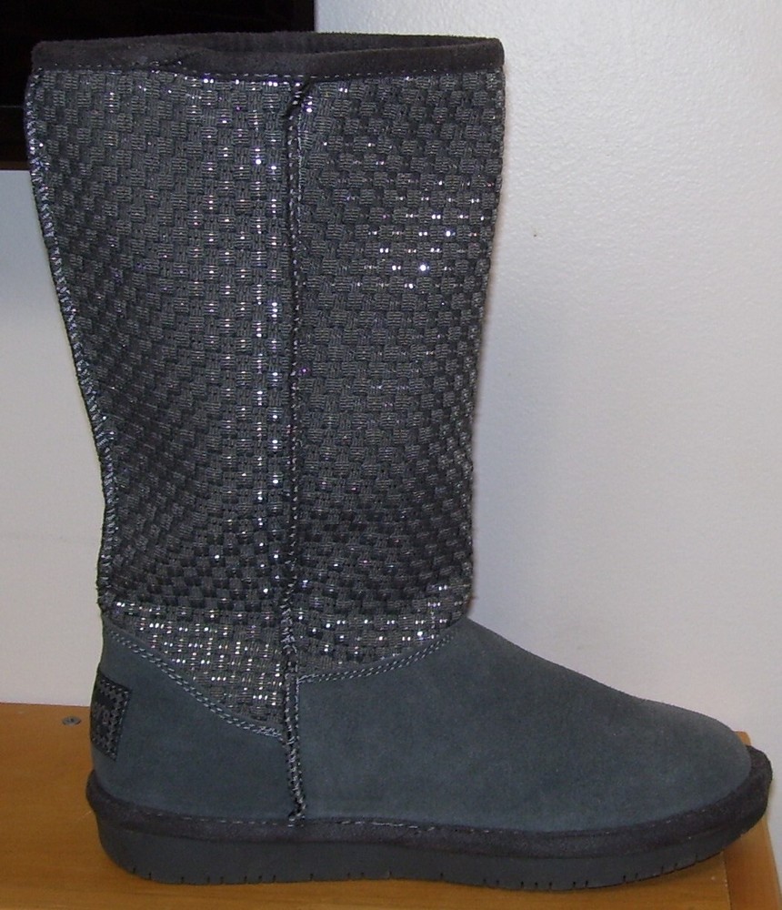 Girls Women's Skechers Grey Silver Metallic Suede Fur Lined Winter Boots 6