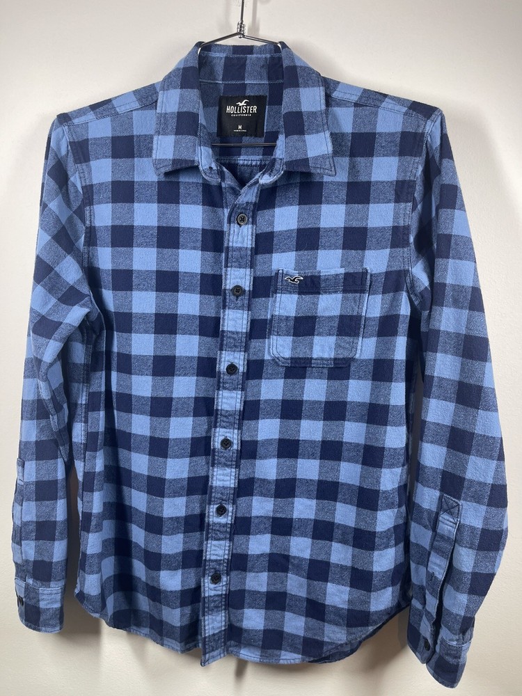 Hollister Men's Flannel Button Up Blue Plaid Long Sleeve Size M Outdoors Warm