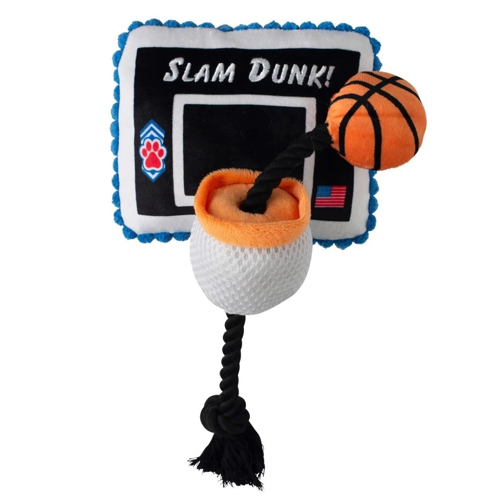 NEW BASKETBALL NET DOG TOY TAKE IT TO THE HOOP INTERACTIVE PLUSH w ROPE SQUEAKER