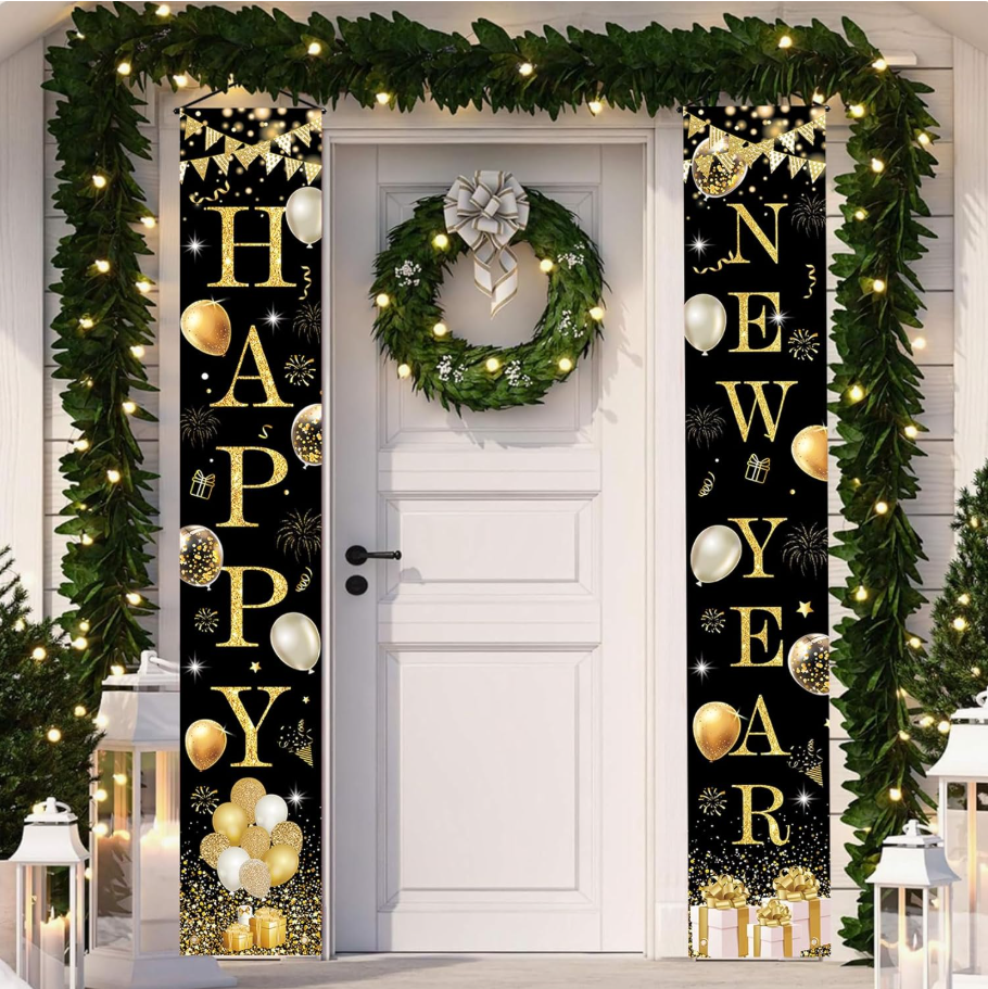 Happy New Year Door Banner, Black Gold Porch Sign, Outdoor Indoor Decor