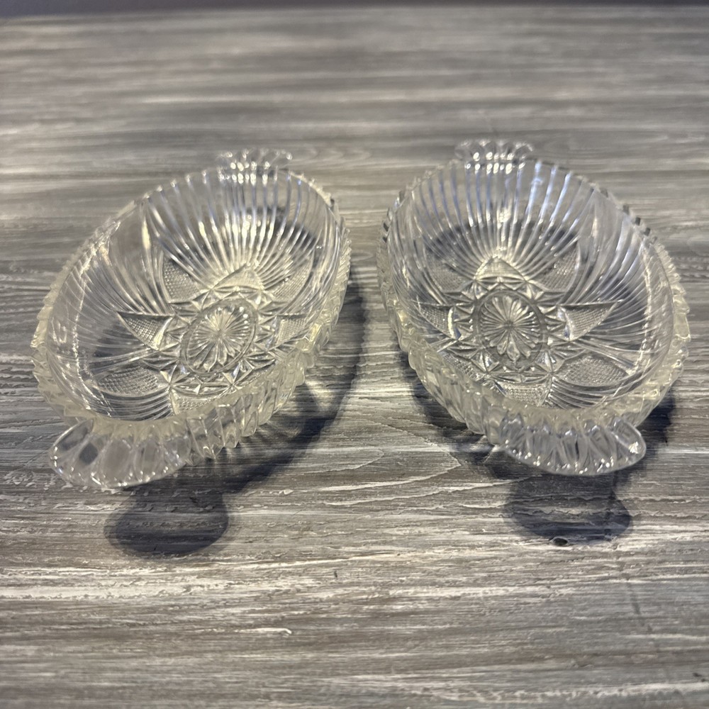 Set of FERN OVAL CLEAR GLASS TAB HANDLE RELISH CANDY NUT TRINKET DISH Mid