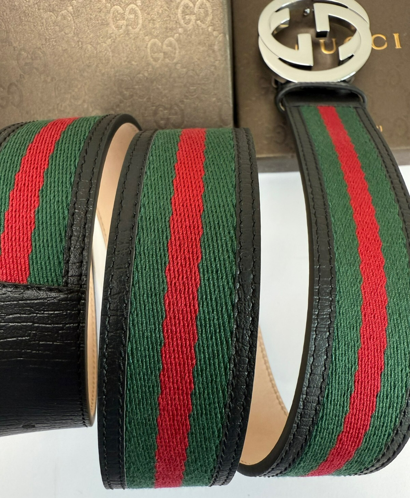 Gucci GG Silver Interlocking Buckle Web Belt Black Green Red Size 110 cm 38-40 w