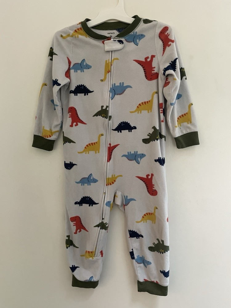Carter's Toddler Boys 1-Piece Colorful Dinosaurs Cozy Fleece Zip-Up PJs White 3T
