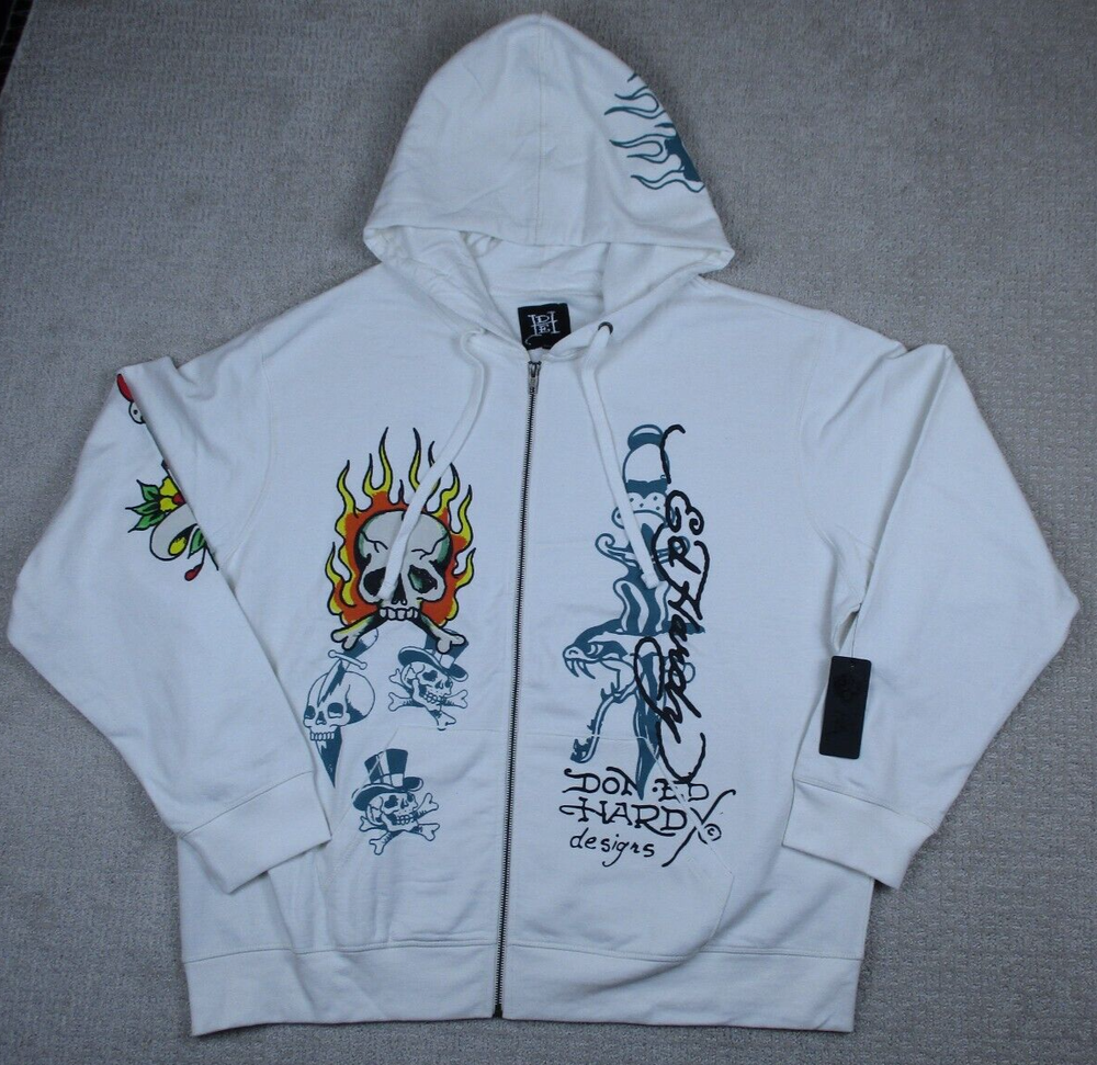 NWT Ed Hardy Flame Skull Dagger Men's 2XL Zip Up Hoodie Ivory White EHM1301-45