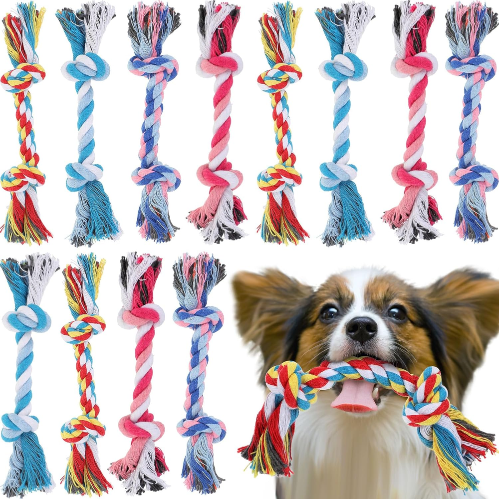 12 cotton rope toys for small to medium puppies, for chewing and teething.
