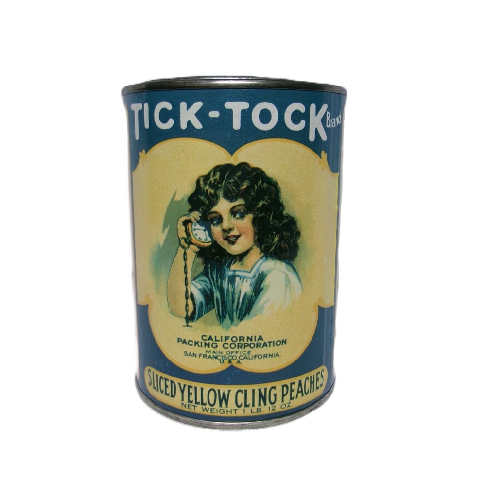 Vintage Still Coin Bank: Tin Can of “Tick-Tock Sliced Peaches” w/ Paper Label