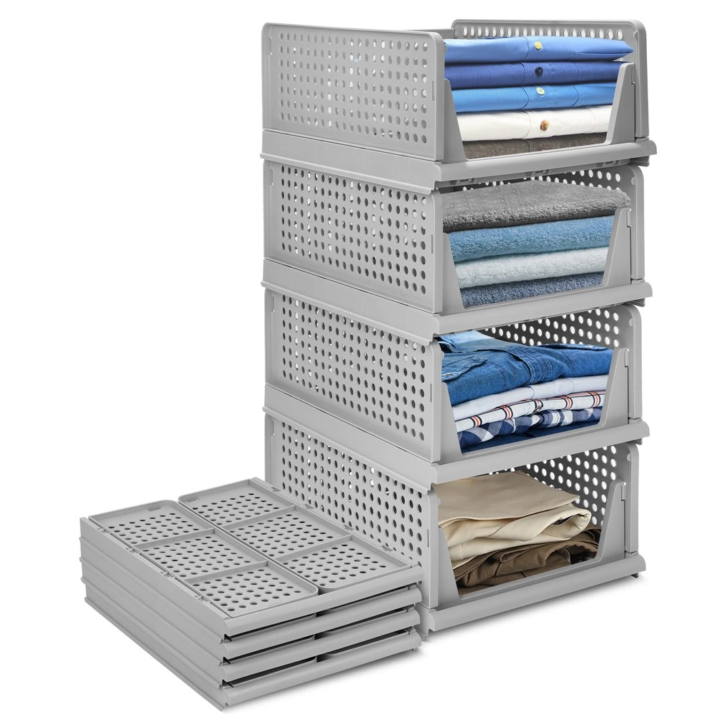 4-Pack Folding Wardrobe Storage Plastic Drawer Organizer Stackable Shelf Bask...