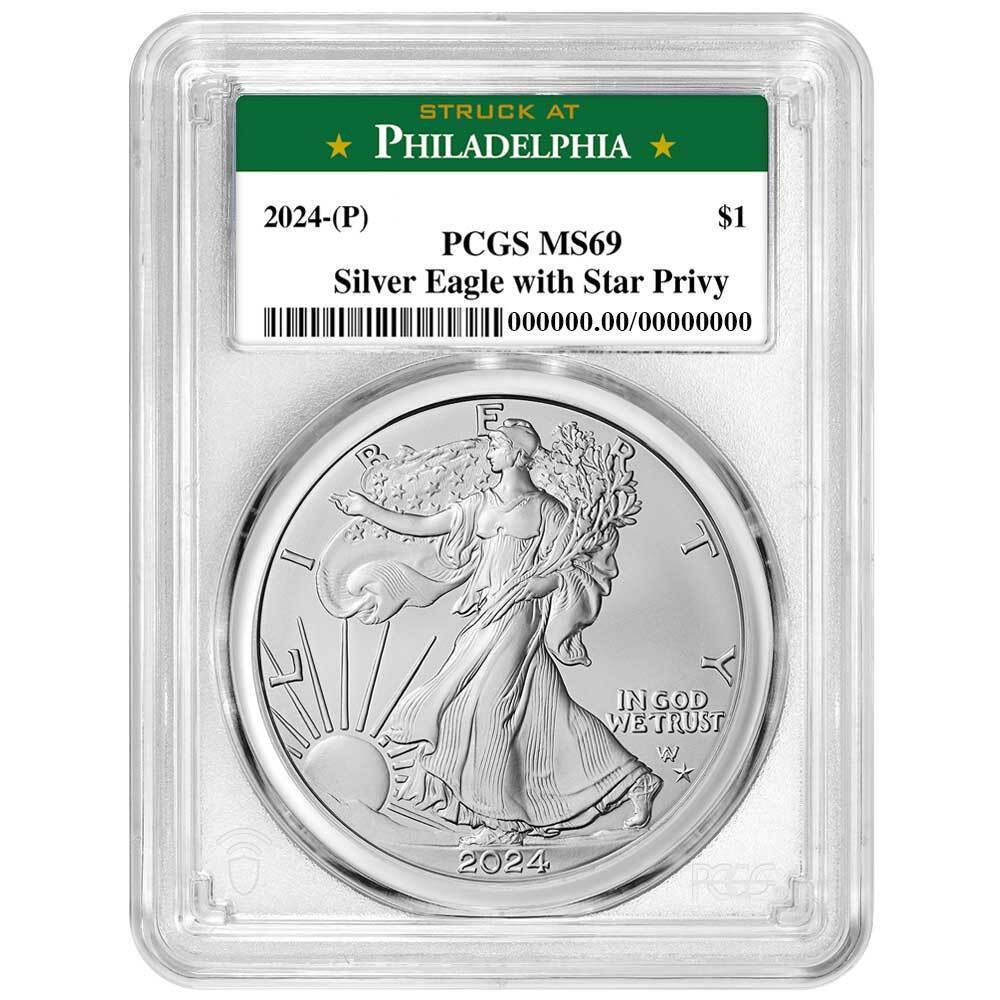 Presale - 2024 (P) $1 1-oz American Silver Eagle Star Privy PCGS MS69 Phildel...-image