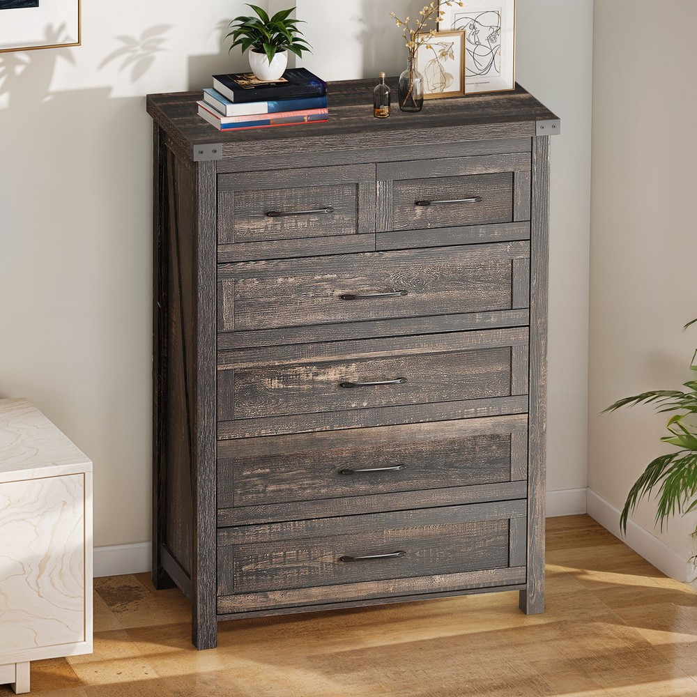 43 Inch Rustic Wood 6-Drawer Dresser Farmhouse Bedroom Storage Cabinet