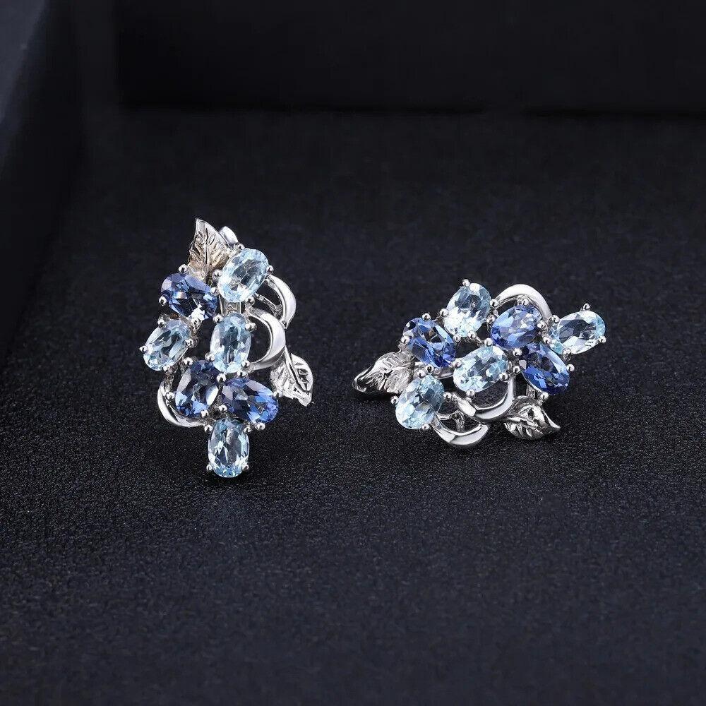 Natural Sky Blue Topaz Mystic Quartz Gemstone 925 Sterling Silver Stud Earrings