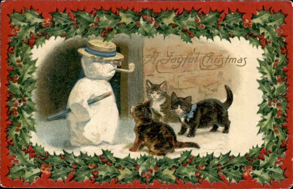 Christmas Adorable Kittens Greet Snowman Embossed WINSCH Vintage Postcard