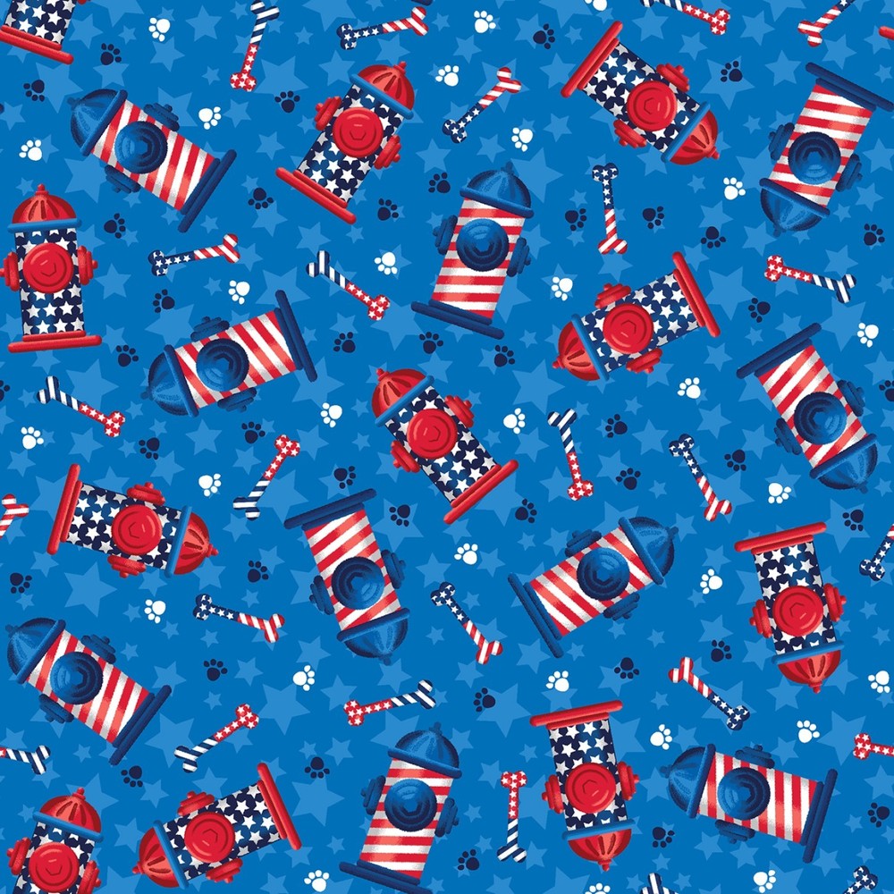 Patriotic Pooch Studio E Fabric with Fire Hydrant Toss in Red Blue YARD