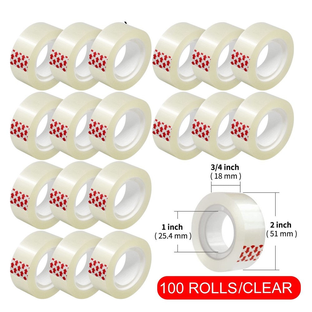 100 Roll Crystal Clear Transparent Tape Dispenser Refills 3/4