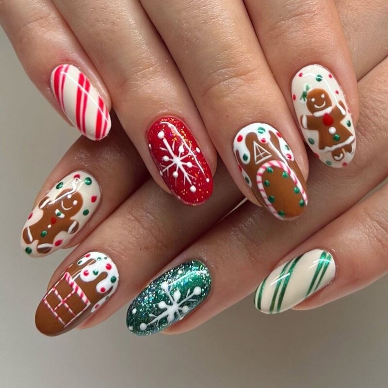 Festive Gingerbread Man Christmas Press On Nails Almond Shape