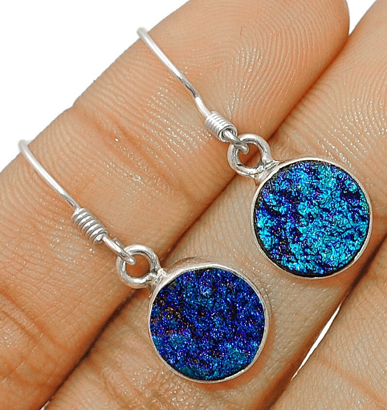 Natural Marine Blue Titanium Druzy 925 Solid Sterling Silver Earrings,