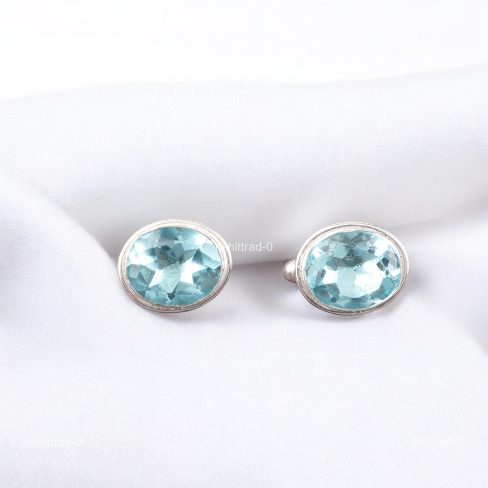 925 Silver Sky Blue Topaz Stone Birthday Grooms Gift Wedding Cufflinks Jewelry