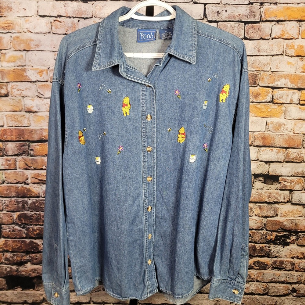 Disney Pooh Women Denim Shirt Medium Blue Embroidered Vintage 90s Cute Retro
