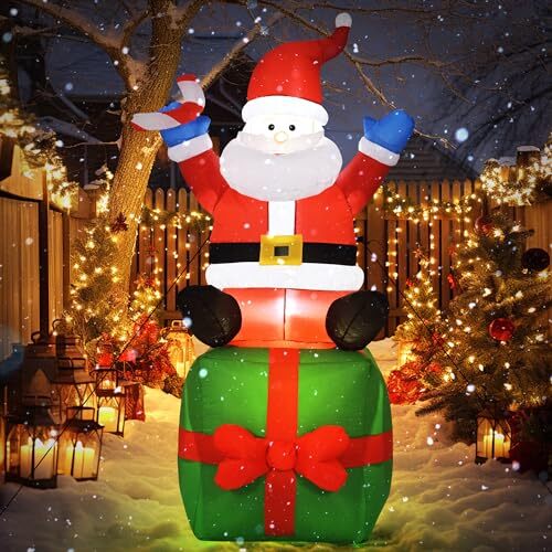 6 FT Christmas Inflatable Decorations Sitting on Gift Box, with Santa Claus