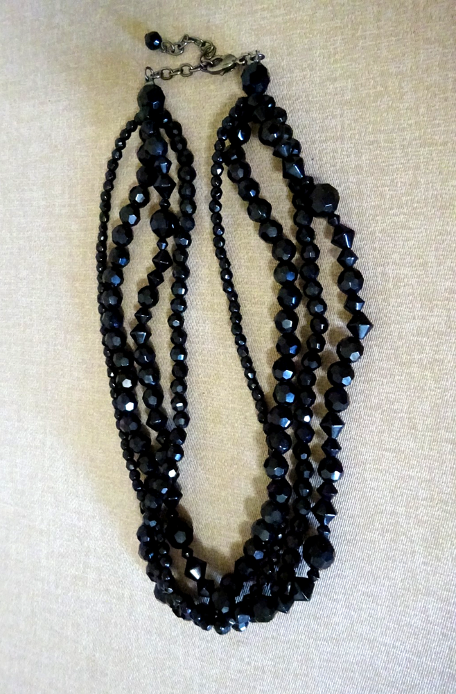 VINTAGE 4-STRAND FACETED CUT BLACK JET GLASS BEAD NECKLACE 16-18